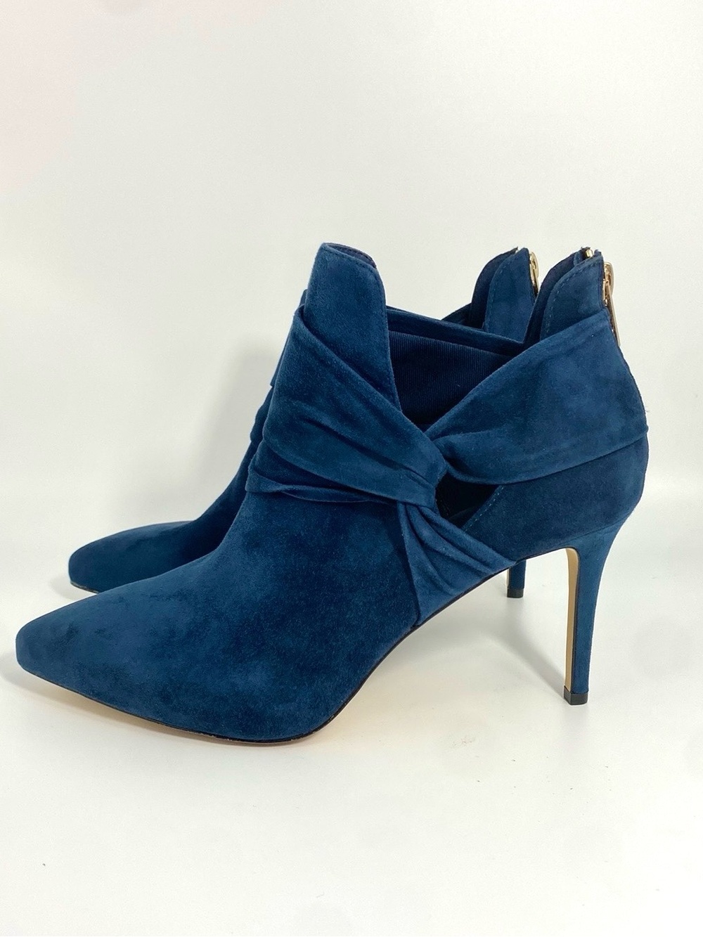 White House Black Market "Chloe" Side Twist Suede Stiletto Booties in Navy Blue - Picture 5 of 9